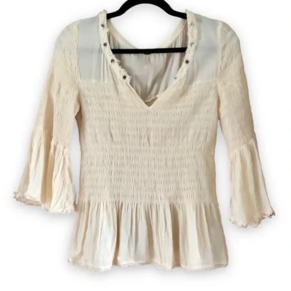 Free People Sugar Magnolia Cream Smocked Bell Sleeve Blouse.Size Large.
